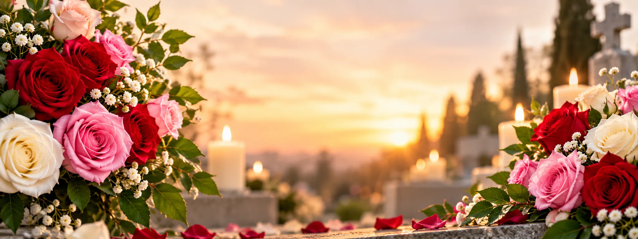 Rosas y paniculata junto a velas al atardecer, para Todos los Santos